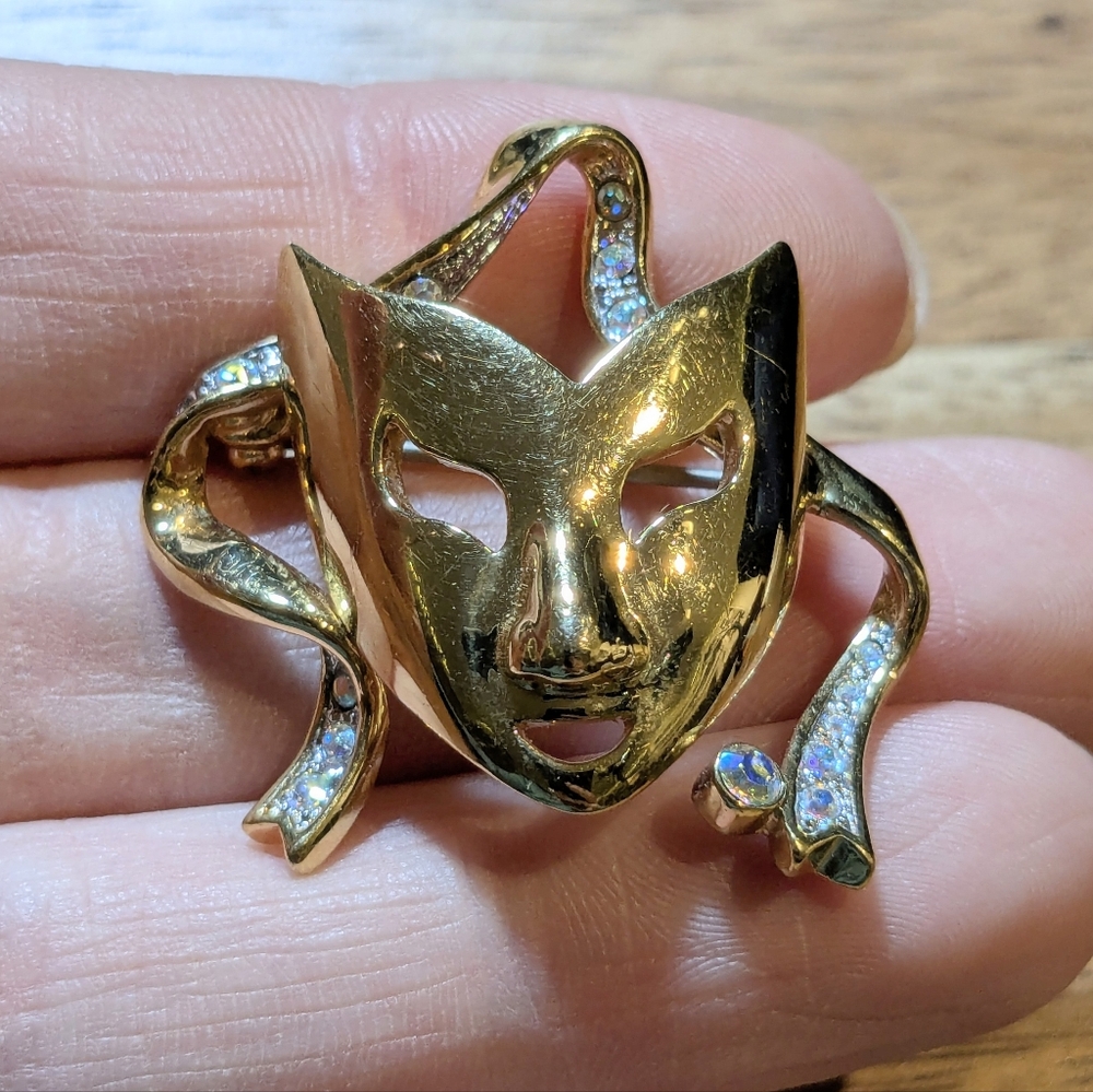 Signed Butler Gold-Tone Masquerade Mask Brooch